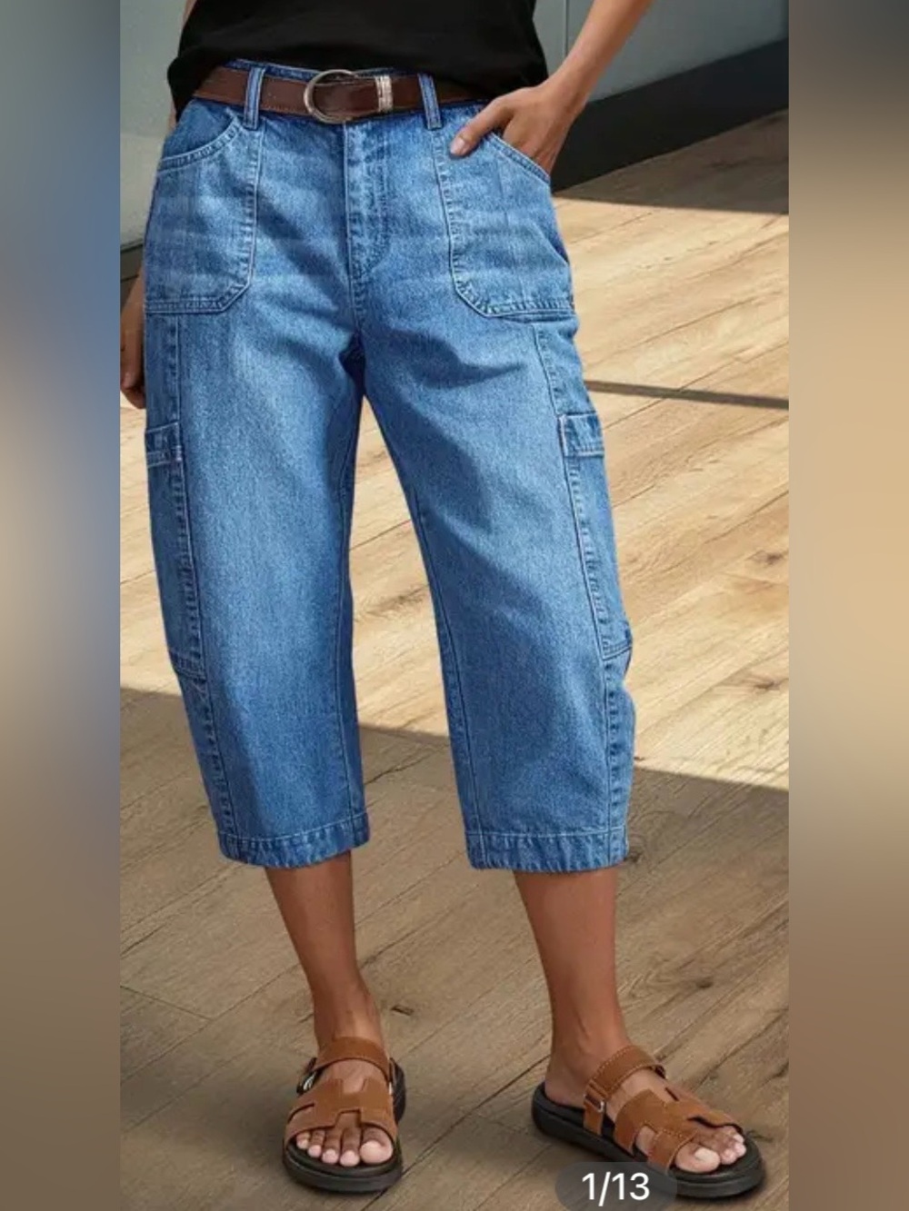 Flamingals Wash Pocket Side Mid Waist Barrel Leg Capri Jeans